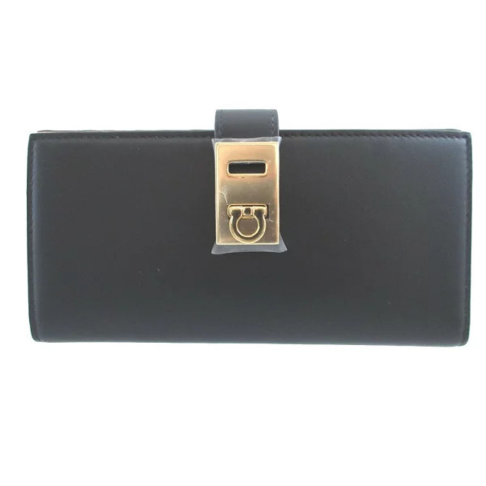 Salvatore Ferragamo Gancini Leather Black Pink Bi fold Long Wallet